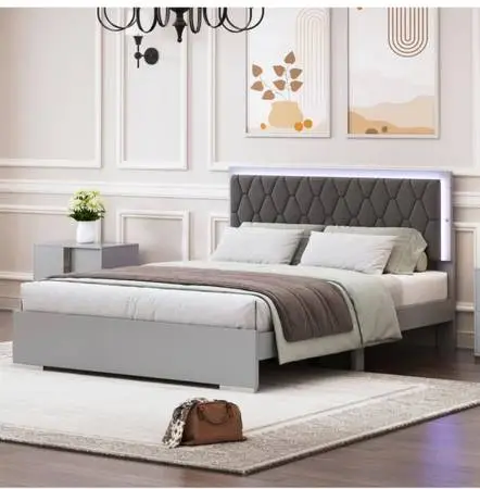 Gray queen platform bed frame with LED lighting