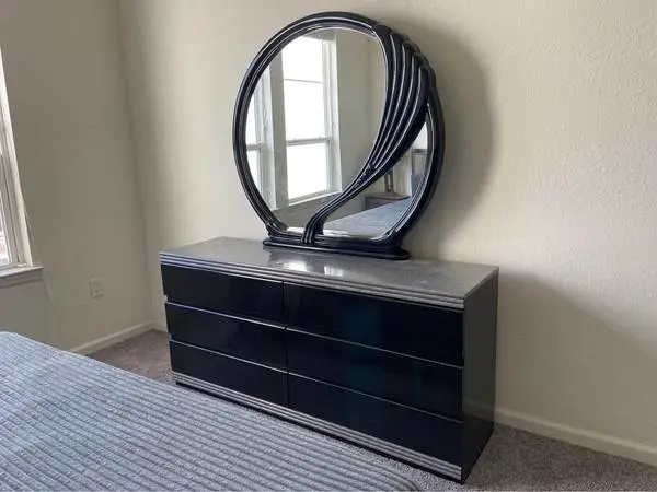 Vintage Art Deco Style Black Lacquer Dresser w/ Mirror