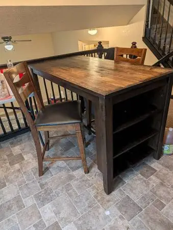 Wooden high top kitchen table w 2 chairs & in built shelf