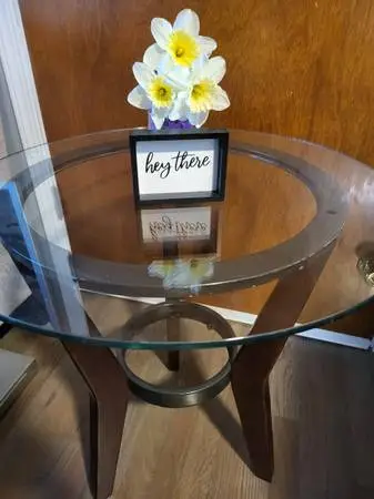 West Elm style MCM curved bentwood mid modern end table with glass