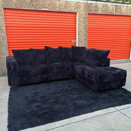 Black Corduroy L-Shaped Sectional Couch - FREE DELIVERY!