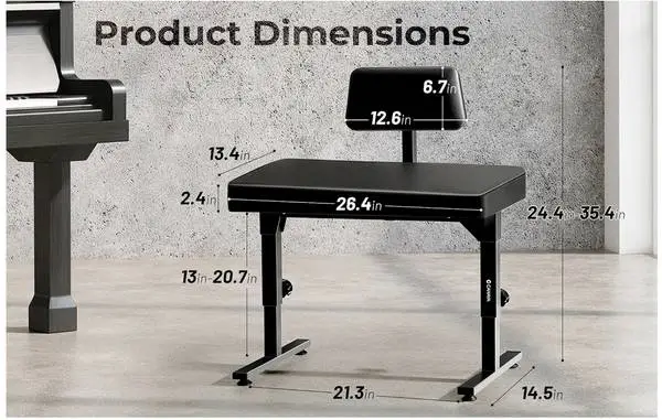 Foldable adjustable piano bench with back support
