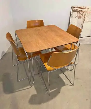 Rare David Rowland Wood and Chrome Table and 40/4 Chairs