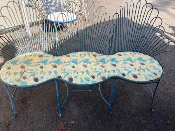Vintage rot, iron patio bench, and chair set