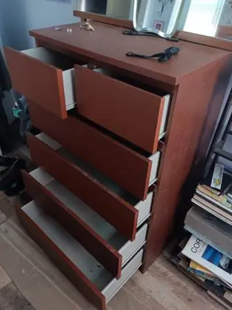 Full Wood Bed Frame, Box spring and Tall Dresser w/mirror med. color