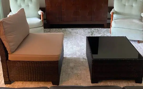Brand new armless chair and glass topped coffee table