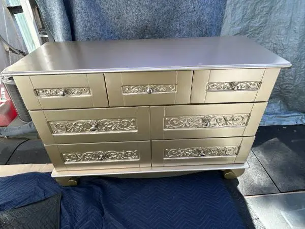 BEAUTIFUL LIKE NEW QUALITY WOODEN DRESSER IN BRASS COLOR CAN DELIVER LOCAL