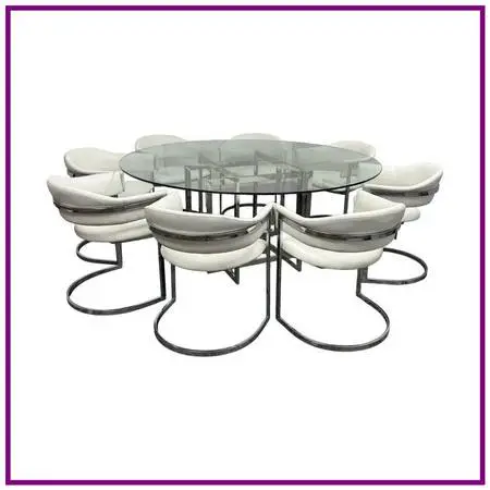 Contemporary Glass Dining Table + Eight White Leatherette Dining Chair