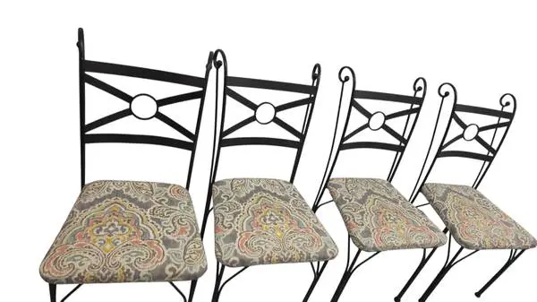 Set of 4 Wrought Iron Dining Chairs with Paisley Upholstery
