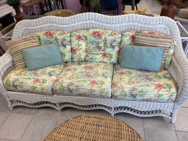 White Wicker Sofa with a Tropical Print