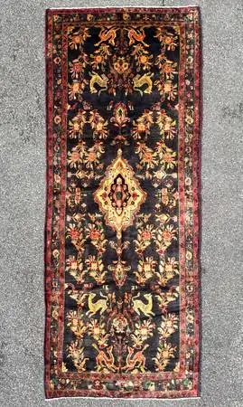 ANTIQUE PERSIAN MEHRABAN PICTORIAL HAND KNOTTED RUNNER, 4.2 x 10.7