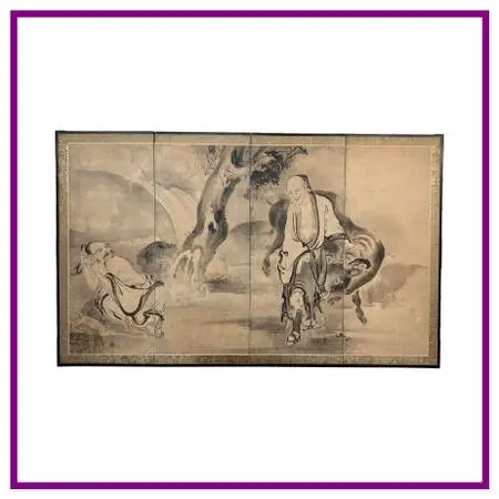 Japanese Byobu Taoist Folding Divider, Antique