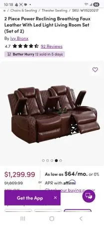 2 piece power Reclining  breathing Fax Leather with Led Light  living