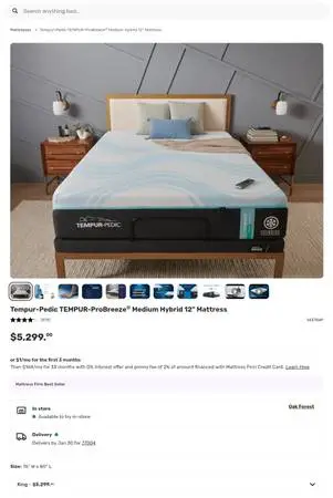 King Tempurpedic Pro Breeze Medium hybrid mattress- retails $5299