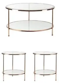 COPPER/ROSE GOLD METAL and GLASS ROUND COFFEE TABLE and 2 END TABLES