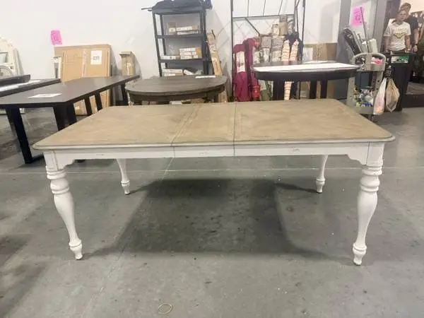 Magnolia Manor Leg Table In Antique White Base w/ Weathered Bark Top