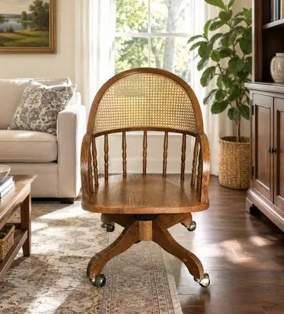 Vintage Mid Century Modern Oak Bankers Swivel Chair With Caned Back