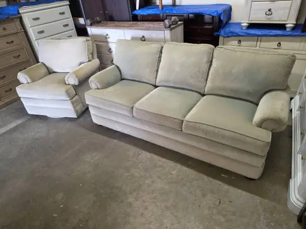 Thomasville Sage Green Fabric Couch and Swivel Chair