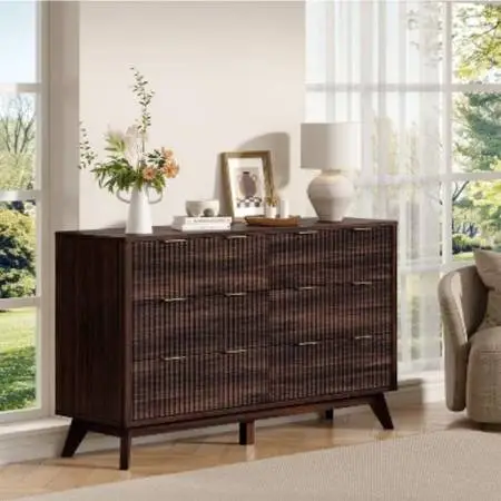Fluted 6 Drawer Dresser for Bedroom, Modern, Metal Handles, Curved Profile, Wood