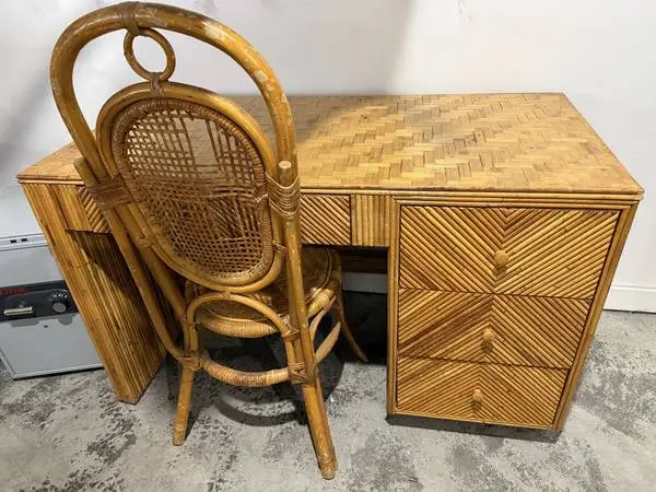 Rattan Desk - Well Built but needs Refinished - with Rattan Chair