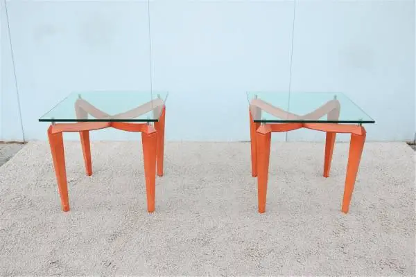 Modern Italian Cherry and Transparent Glass Square Side Tables, a Pair