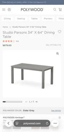NEW POLYWOOD Studio Parsons 34 X 64 Dining Table