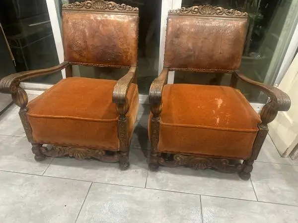 Unique Pair of Antique Carved Wood Armchairs with Embossed Leather