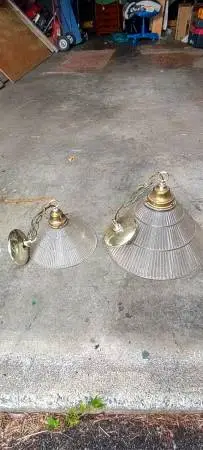 Set of two glass and brass hanging lights