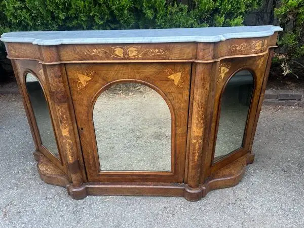 Elegant Vintage Marble-Top Sideboard / Console with Mirrored Doors
