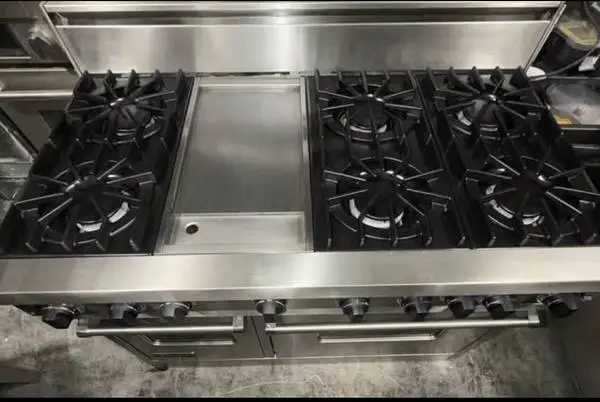 Viking Stainless Steel 48” Gas Range/GE 48” Panel Ready Fridge