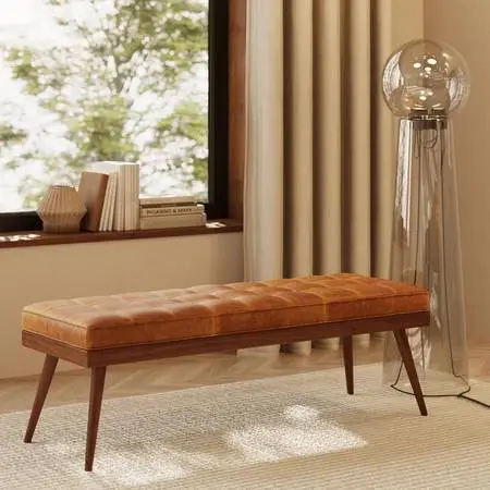 Luca Full-Grain Italian Genuine Leather Bench (Cognac Tan)