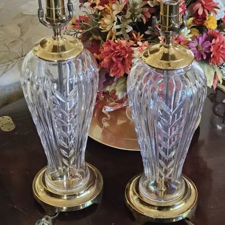 Vintage pair Waterford Glencar Crystal & Brass Table Lamps