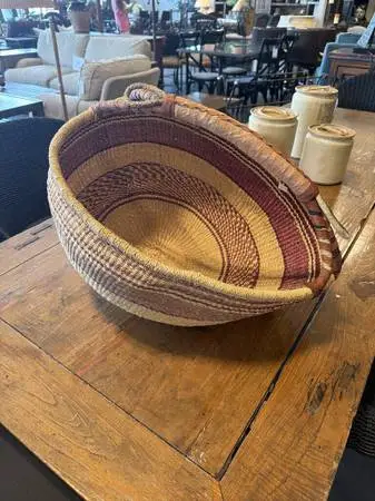 Woven Basket W/ Leather Handle- 14X19X16