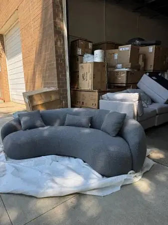 Acanva Mid Century Modern Curved Living Room Sofa, 4-Seat Boucle, Grey
