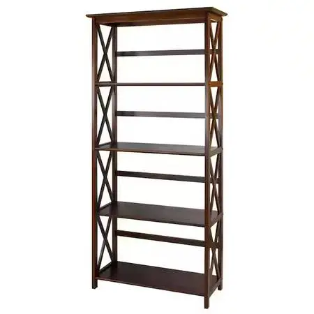 New 63 in. H Walnut New Wood 4-Shelf Etagere Bookcase with Open Back