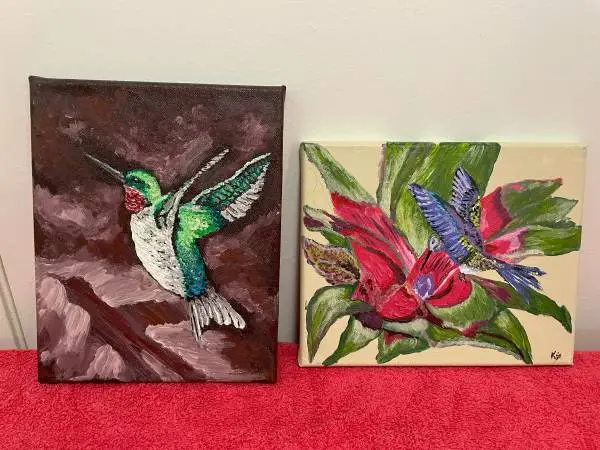 TWO, HAND PAINTED HUMMING BIRD CANVASES BY KJO