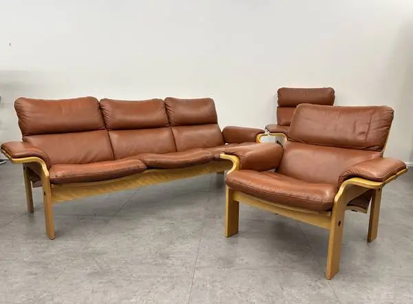 Mid Century Danish Leather Sofa and Chair Chairs by Nielaus