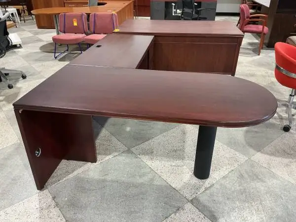 64x78x29H Bullet L Shape desk by Descor in Mahogany wood finish