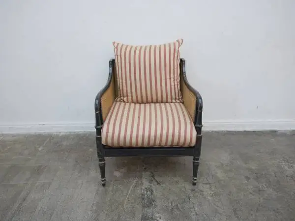 Black Wood & Cane French Style Sofa w/ Flower & Stripe Cushions $799.