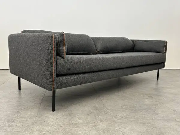 Modern Sofa w Charcoal Gray Herringbone Tweed Upholstery