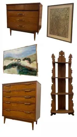Vintage Mid Century Modern Credenza Dresser Sofa Table Rug Desk Art Painting (Bi