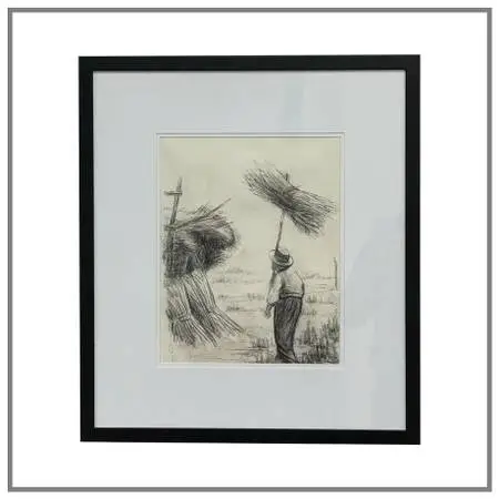 Drawing Of European Laborer In Charcoal, Framed