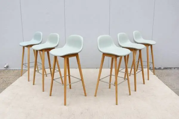 Danish Iskos-Berlin for Muuto Blue Fiber Bar Stools Wood Base Set of 6