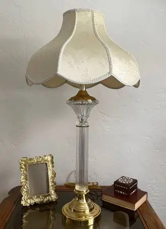 Vintage Brass and Crystal Table Lamp with Scalloped Shade