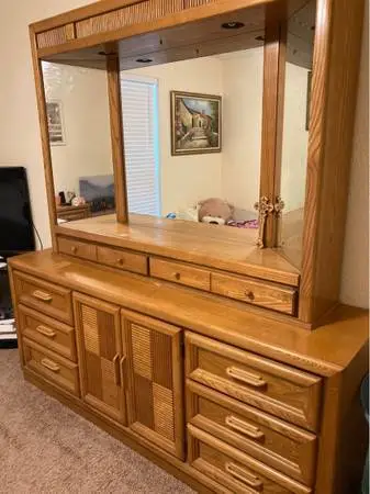 Dresser and Queen bed and mattress and box spring