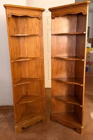 Pair of 6ft Solid Oak Corner Shelves – Matching Country Golden Oak Display She