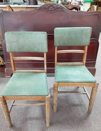 PAIR VINTAGE KITCHEN CHAIRS w/ ORIGINAL GREEN TEXTURED UPHOLSTERY