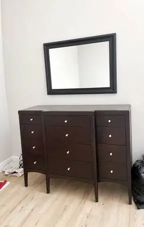 Queen bed frame, mattress, dresser and mirrors