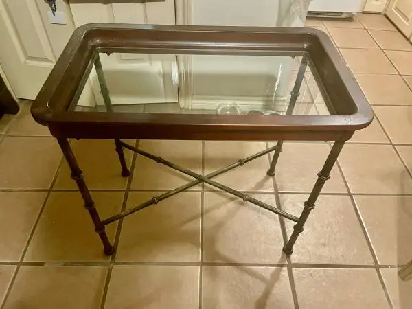 1 Wood metal base glass top side end table
