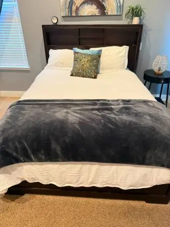 Dark Wood Queen Bookcase Bed Frame & Mattress!!!